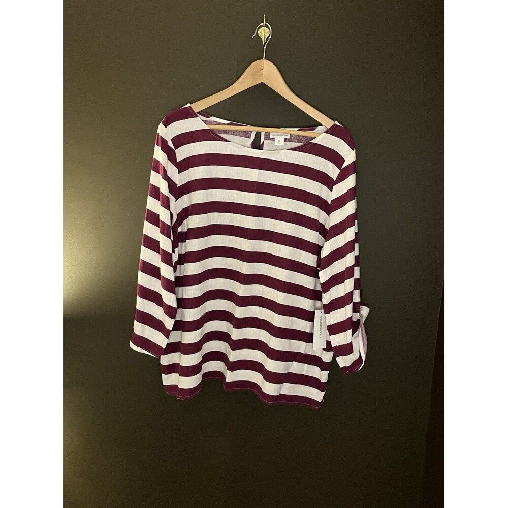 Liz Claiborne XL Linen Blend Top NWT Wild Cherry Stripe 3/4 Sleeve Tunic